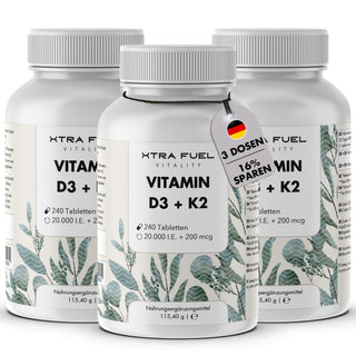 Vitamina D3 + K2 comprimidos - 20.000 U.I. + 200mcg - 100% pura y altamente dosificada