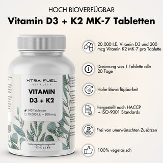 Vitamina D3 + K2 comprimidos - 20.000 U.I. + 200mcg - 100% pura y altamente dosificada