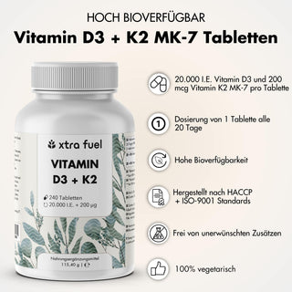 Vitamina D3 + K2 comprimidos - 20.000 U.I. + 200mcg - 100% pura y altamente dosificada