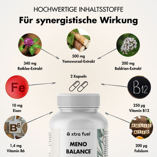 Cápsulas para la menopausia - Meno Balance - Fórmula natural con ñame, trébol rojo, valeriana y hierro
