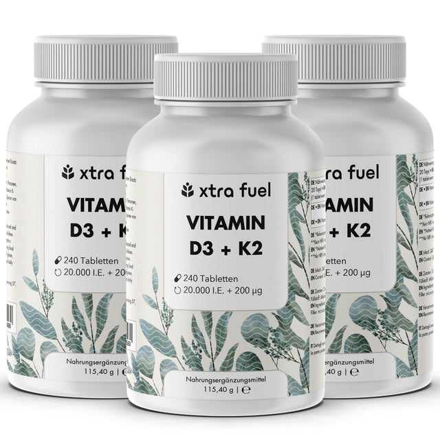 Vitamina D3 + K2 comprimidos - 20.000 U.I. + 200mcg - 100% pura y altamente dosificada