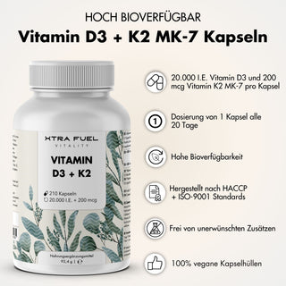 Cápsulas de vitamina D3 + K2 - 20.000 U.I. + 200mcg - altamente puras y vegetarianas
