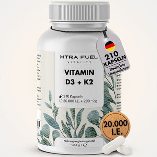 Cápsulas de vitamina D3 + K2 - 20.000 U.I. + 200mcg - altamente puras y vegetarianas
