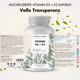 Cápsulas de vitamina D3 + K2 - 20.000 U.I. + 200mcg - altamente puras y vegetarianas