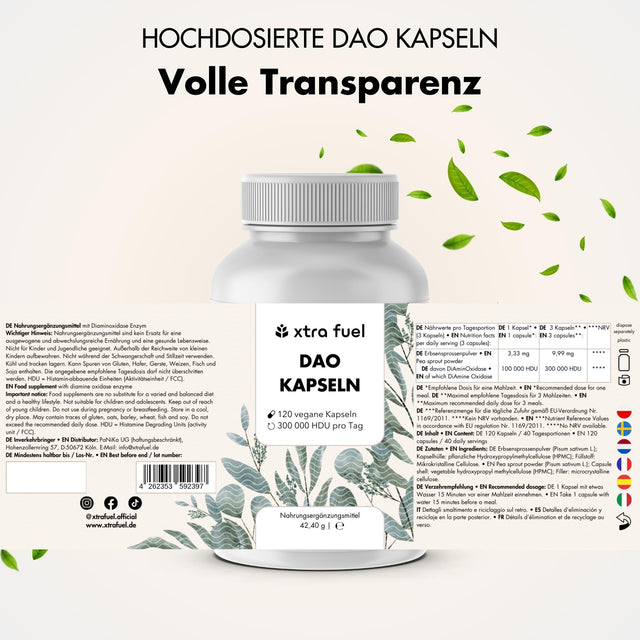 DAO DiAminOxidasa cápsulas - Fuente vegana a partir de brotes de guisantes con 300.000 HDU al día