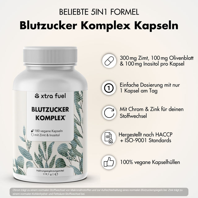 Complejo de azúcar en sangre* - mezcla de nutrientes con canela de Ceilán, inositol y hoja de olivo