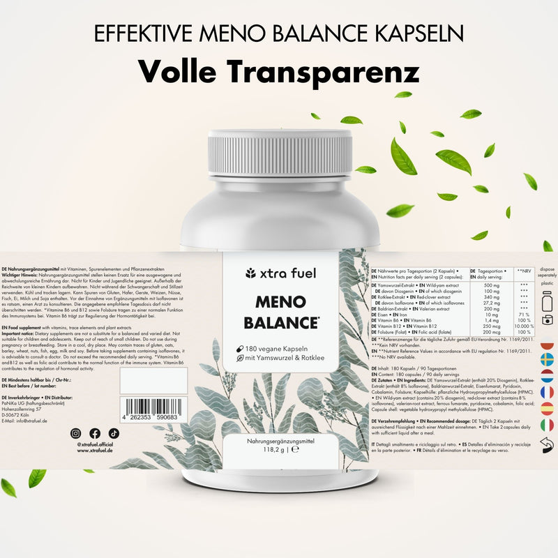 Cápsulas para la menopausia - Meno Balance - Fórmula natural con ñame, trébol rojo, valeriana y hierro
