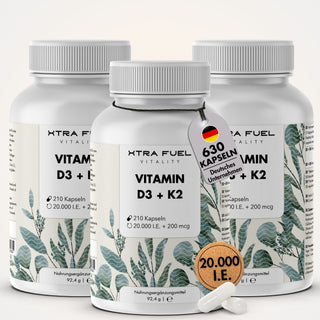 Cápsulas de vitamina D3 + K2 - 20.000 U.I. + 200mcg - altamente puras y vegetarianas